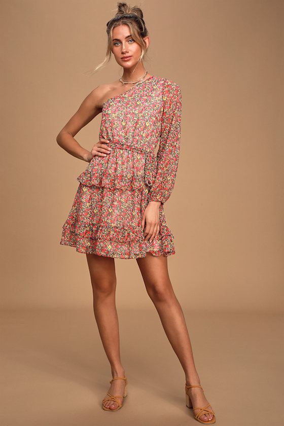 Anew Romance Pink Floral Print One-Shoulder Ruffled Mini Dress 2
