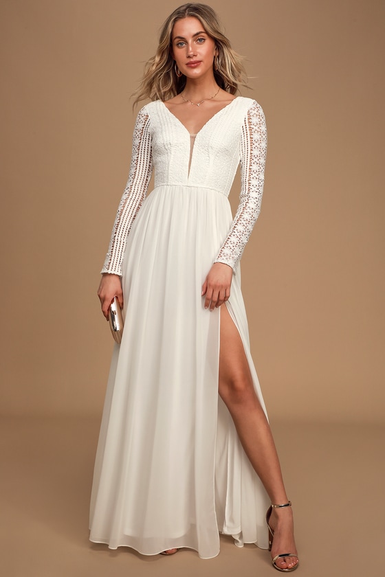 Scoop Long Sleeve Chiffon Wedding Dresses Backless Ivory Bridal Gown –  Pgmdress