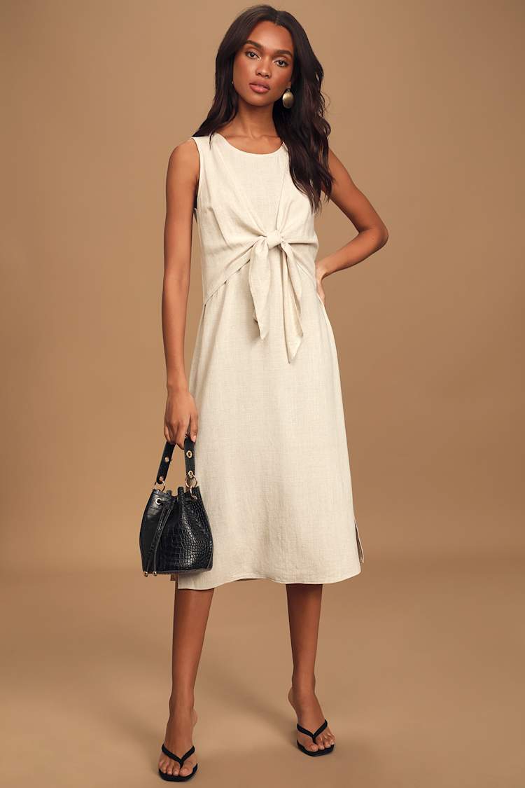 Cute Beige Linen Dress - Tie-Front Dress - Sleeveless Midi Dress - Lulus