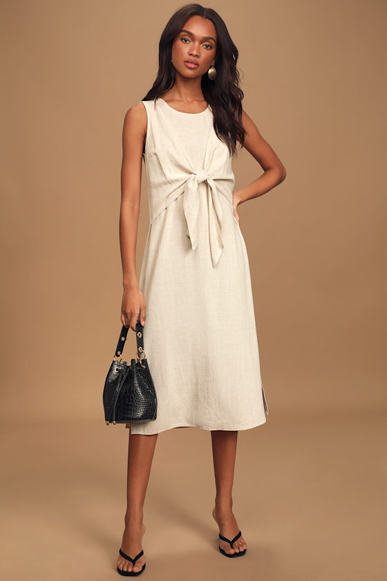 Carefree Moments Beige Sleeveless Tie-Front Midi Dress 1