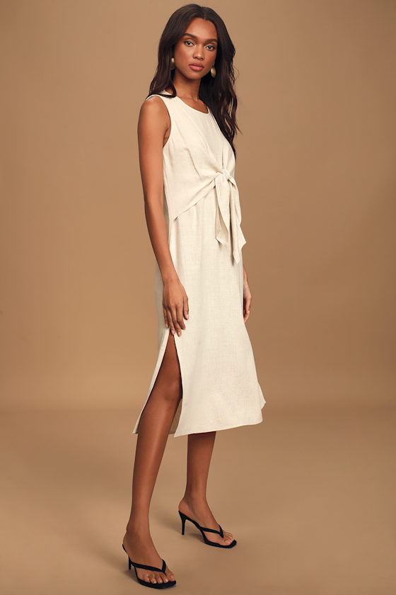 Carefree Moments Beige Sleeveless Tie-Front Midi Dress 2