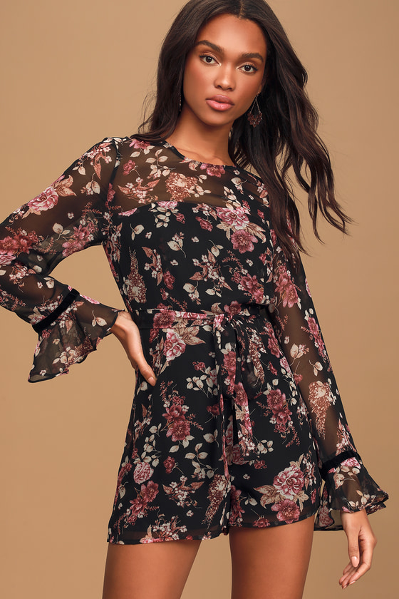 Black Floral Romper - Long Sleeve Romper - Bell Sleeve Romper - Lulus