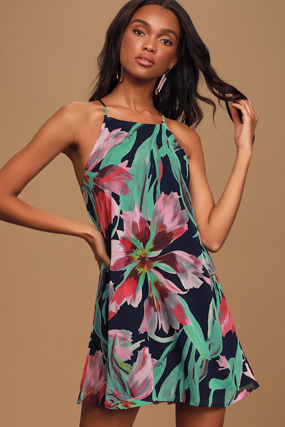 Here and Luau Navy Multi Floral Print Swing Dress 2