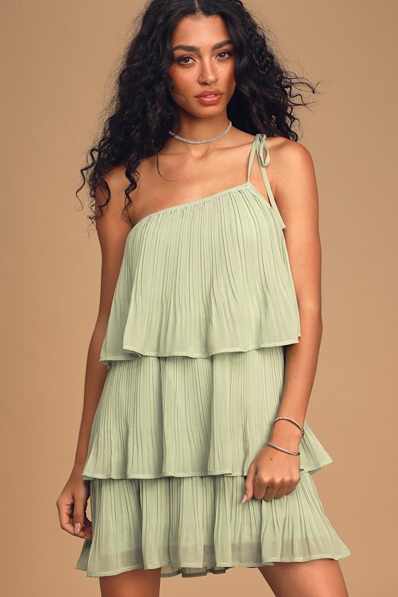 one shoulder green mini dress