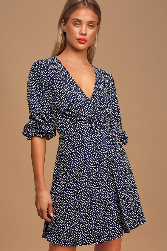 Twirl Me Around Navy Blue Polka Dot Faux Wrap Mini Dress 2