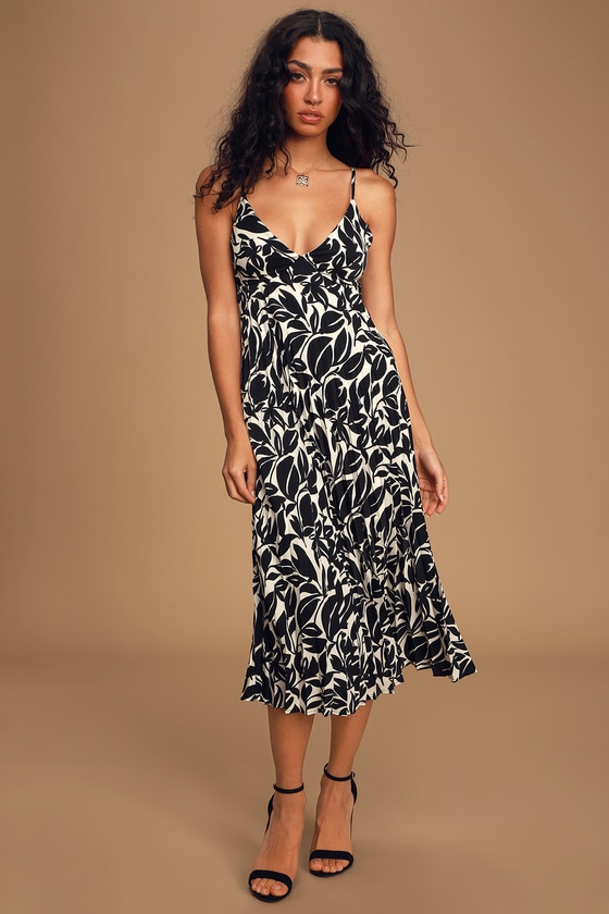 Admiring You Black and White Floral Print Pleated Midi Dress