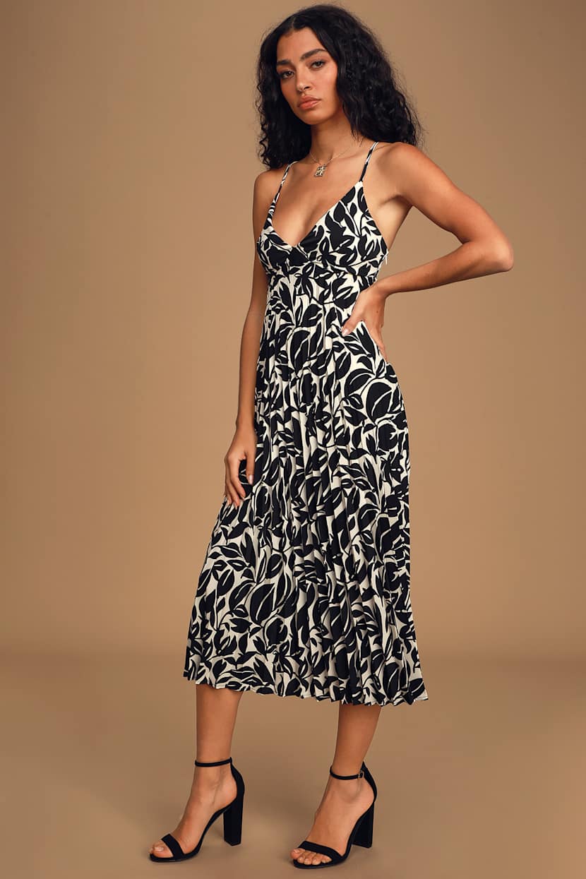 LUSH Black and White Floral Dress - Pleated Dress - Midi Dress - Lulus