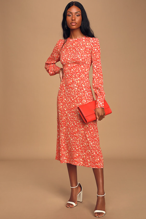 Cute Red Floral Print Dress - Long Sleeve Dress - Chic Midi Dress - Lulus