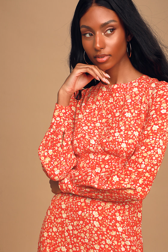 Cute Red Floral Print Dress Long Sleeve Dress Chic Midi Dress