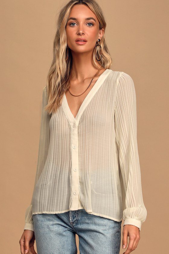 Cute Ivory Top - Button-Up Top - Long Sleeve Top - Blouse - Lulus