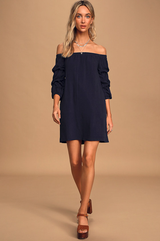 navy blue off the shoulder short dress
