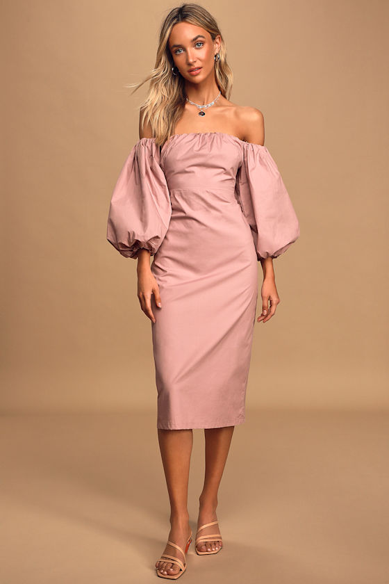 Feel the Love Mauve Off-The-Shoulder Puff Sleeve Midi Dress 3