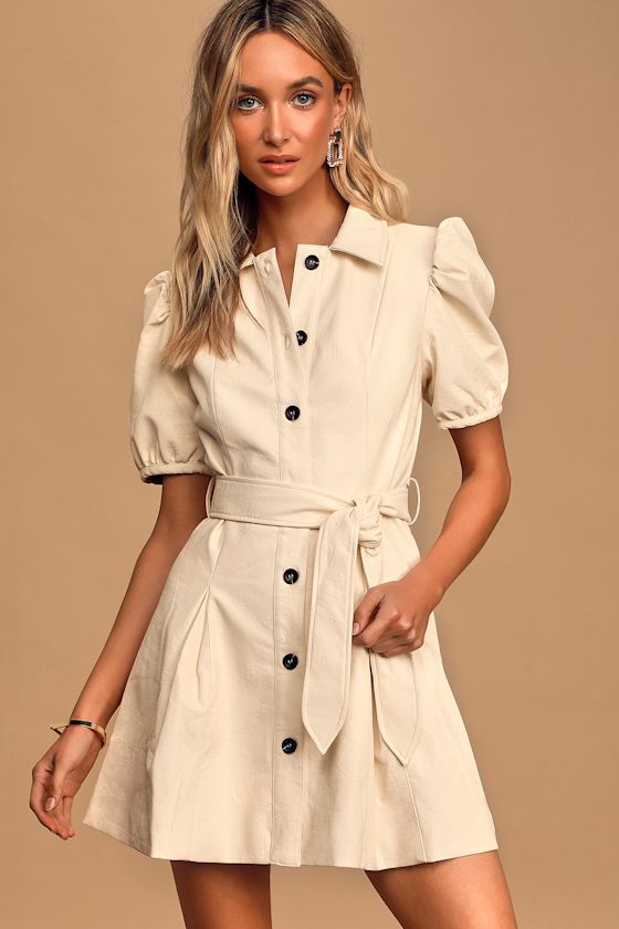 Lelia Cream Vegan Leather Puff Sleeve Button-Front Mini Dress 3