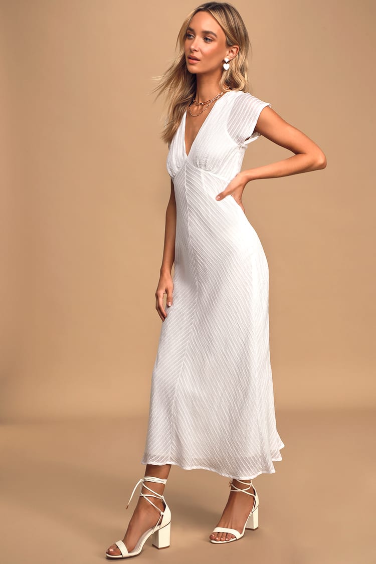 V Neck White Midi Dress