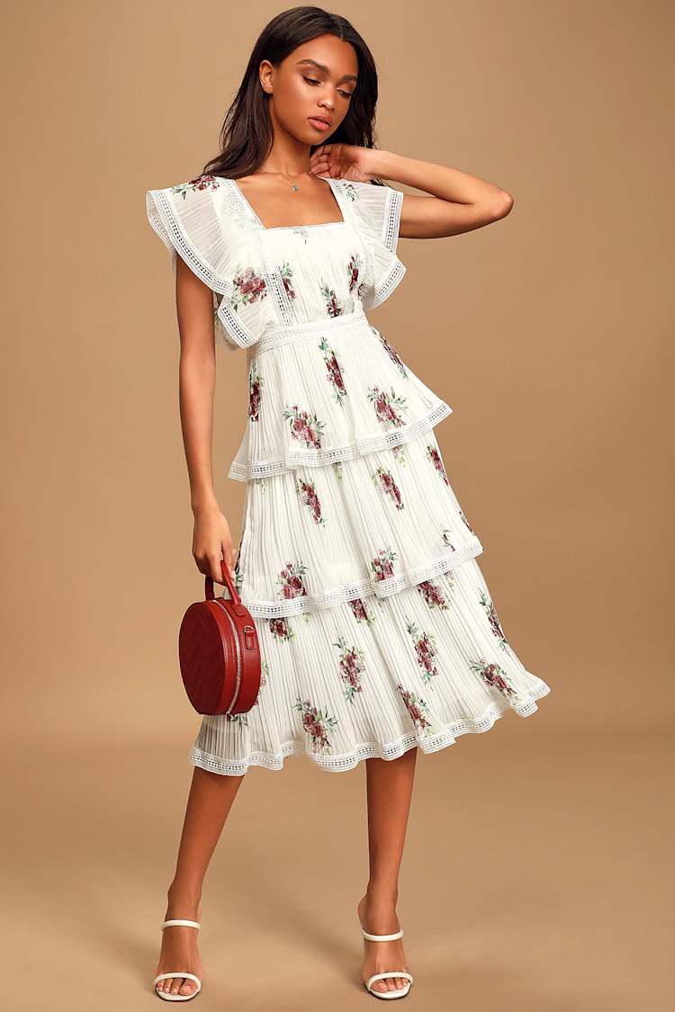 Pretty White Floral Print Dress - Pleated Ruffle Dress - Dress - Lulus