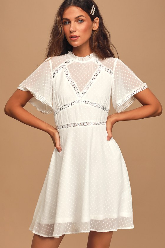 White Dress - Swiss Dot Mini Dress - Short Sleeve Skater Dress - Lulus