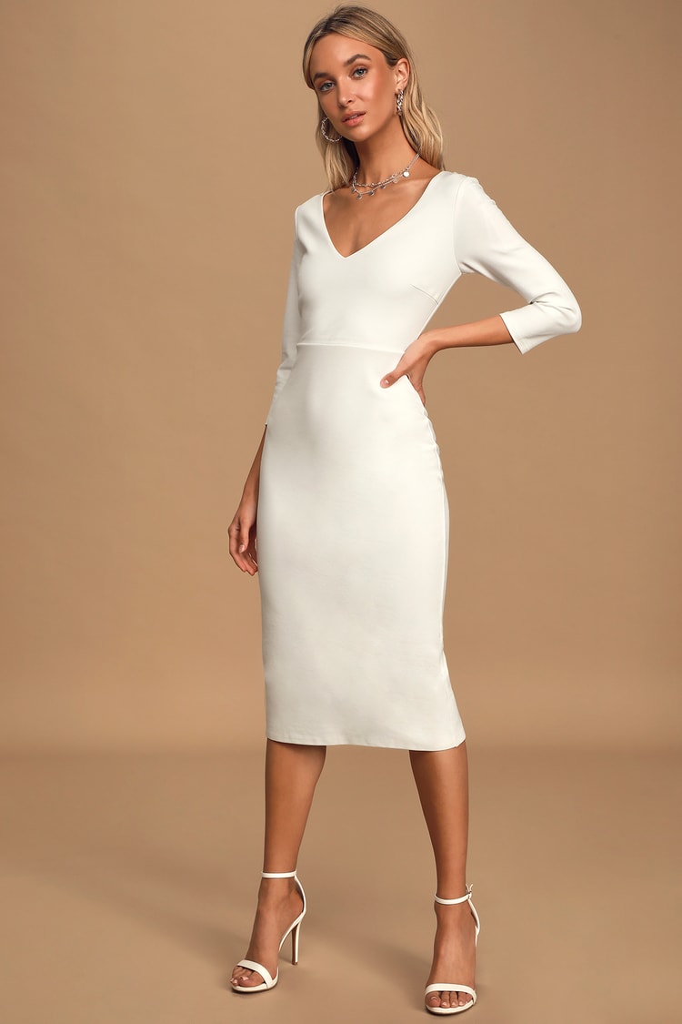 White Bodycon Dress - 3/4 Sleeve Dress - Sexy Bodycon Midi Dress - Lulus