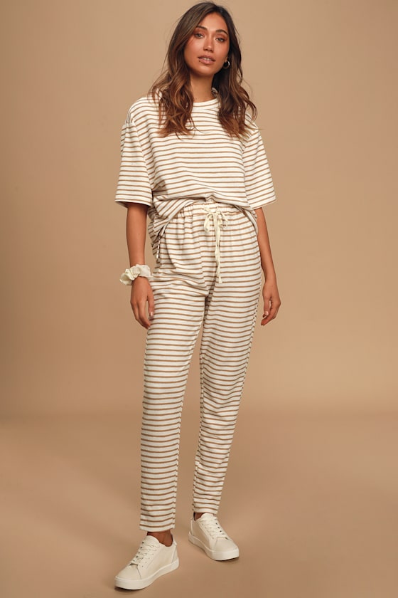 Tide Tan and White Striped Drawstring Pants 1