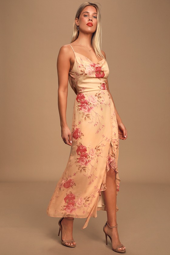 Lunch in The Vineyard Peach Floral Print Ruffled Midi Dress