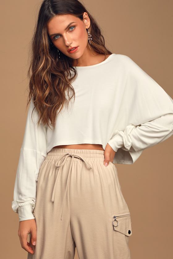 Cute White Tee Long Sleeve Tee Cropped Top Lulus