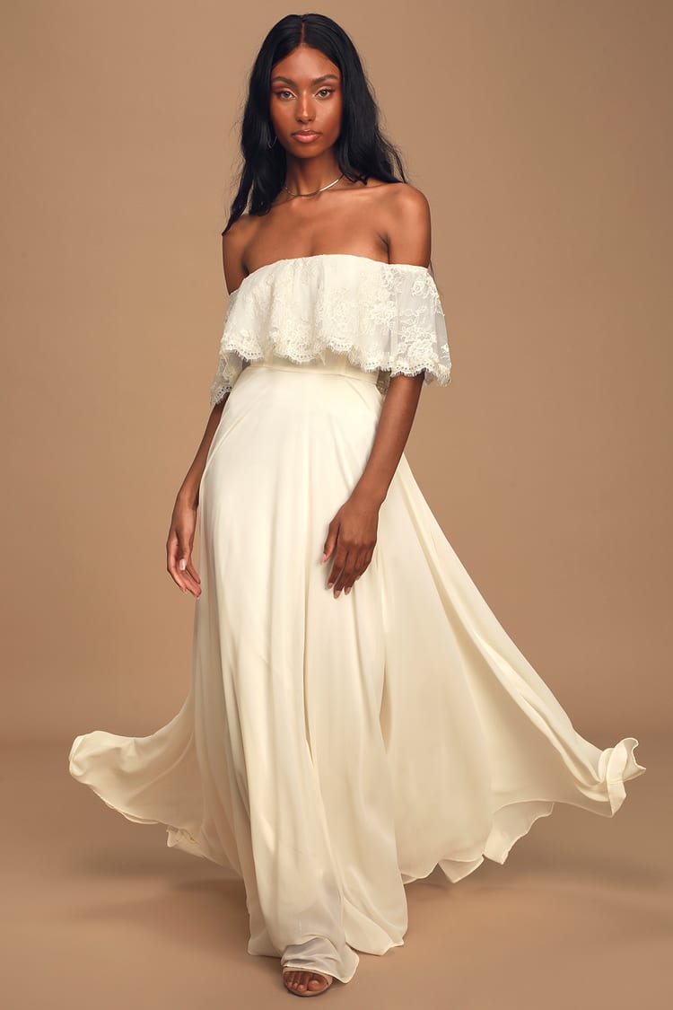 Pretty Cream Gown - Off-The-Shoulder Maxi Dress - Gown - Lulus