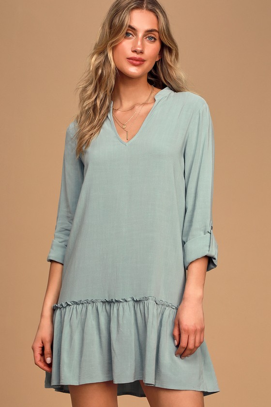 Cute Sage Blue Dress - Long Sleeve Swing Dress - Ruffled Dress - Lulus