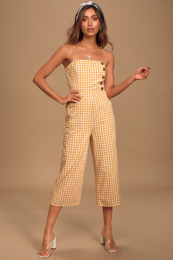 Skyline Mustard Yellow Gingham Strapless Culotte Jumpsuit 1
