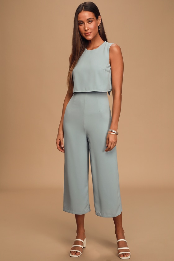 Trendy Backless Jumpsuit - Culotte Pants Light Blue Jumpsuit - Lulus