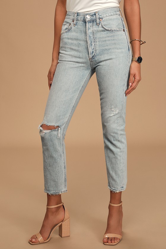 Riley Light Wash Distressed High Rise Straight Cropped Jeans
