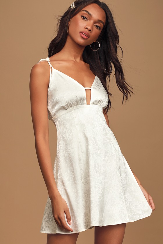 Pretty White Dress - Jacquard Satin Dress - Tie-Strap Mini Dress - Lulus