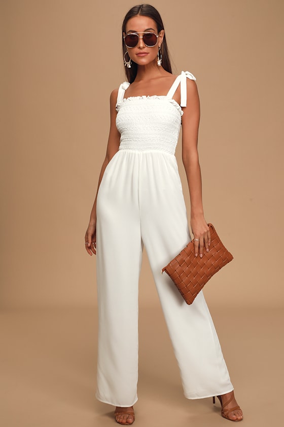 Fond of You White Tie-Strap Smocked Wide-Leg Jumpsuit 2