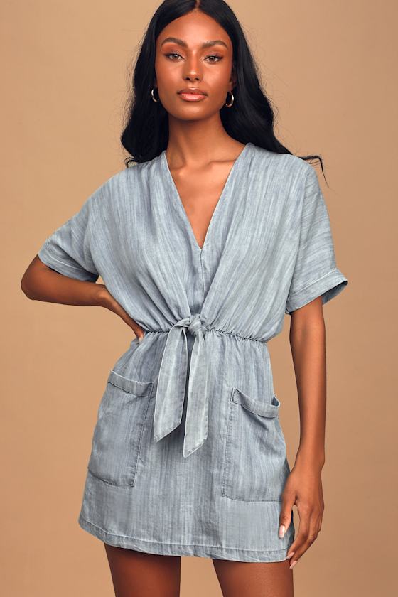 Cute Chambray Dress - Tie-Front Dress - Light Blue Mini Dress - Lulus