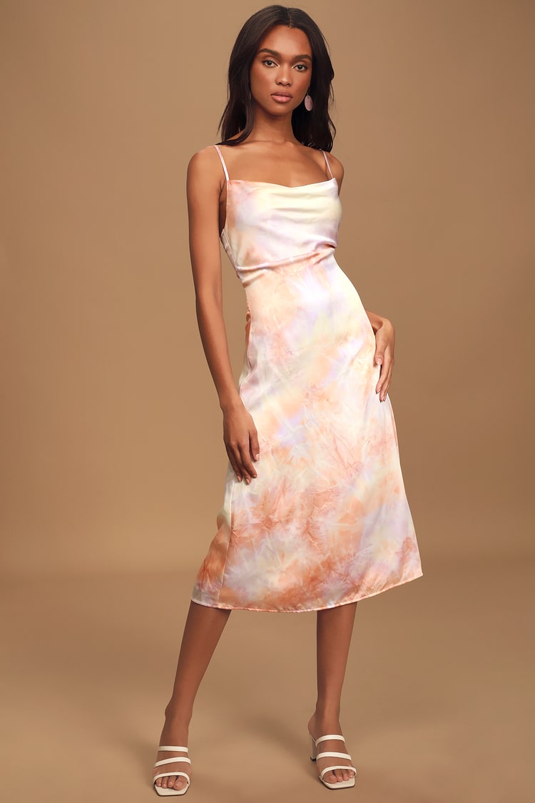 Cute Purple Tie-Dye Dress - Midi Slip Dress - Cowl Neck Dress - Lulus