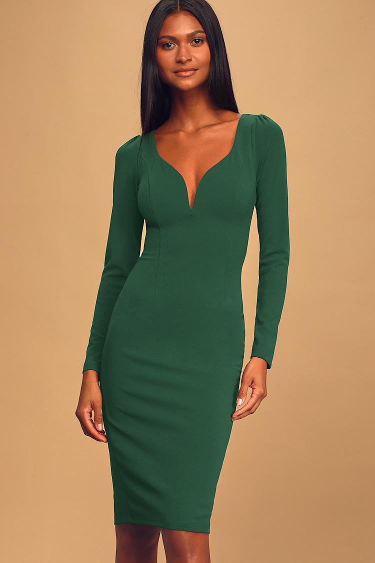 green emerald velvet dress Women's Midi Wrap Dress in Dark Green with Short Puff Sleeves