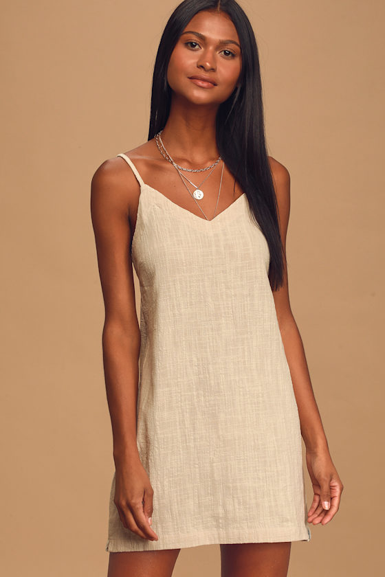 Rhythm Florida Dress Cute Beige Mini Dress Cotton Shift Dress Lulus