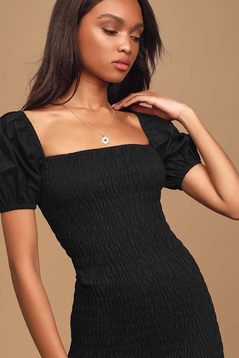 Steal The Stage Black Smocked Bodycon Midi Dress