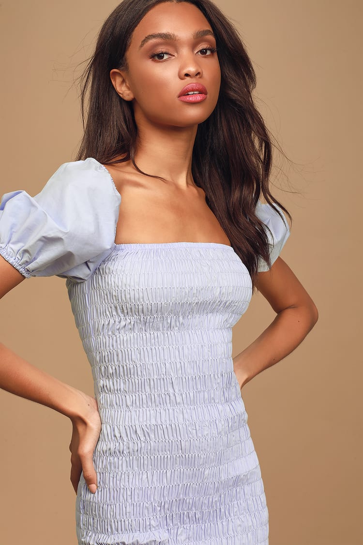 Steal The Stage Light Blue Smocked Bodycon Midi Dress