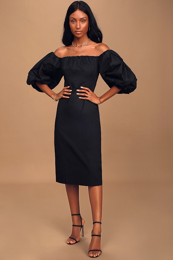 Feel the Love Black Off-the-Shoulder Puff Sleeve Midi Dress 2