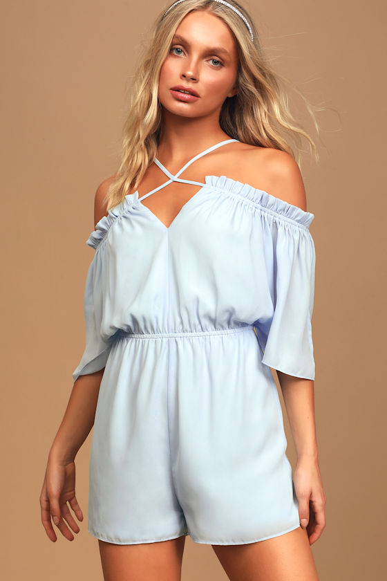 Cute Light Blue Romper OfftheShoulder Romper Ruffled Romper Lulus