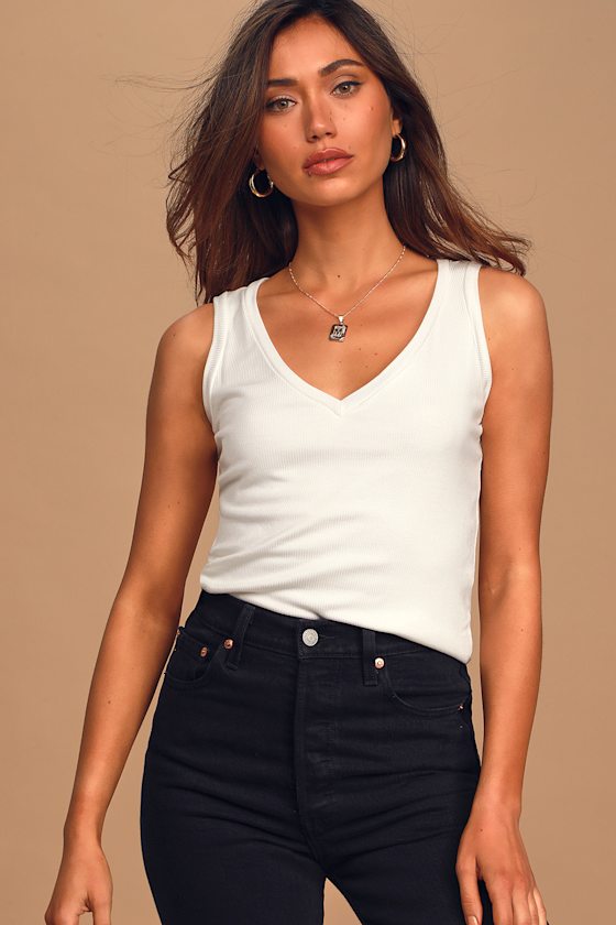 Basic White Tank Top Ribbed Knit Tank Top VNeck Tank Top Lulus