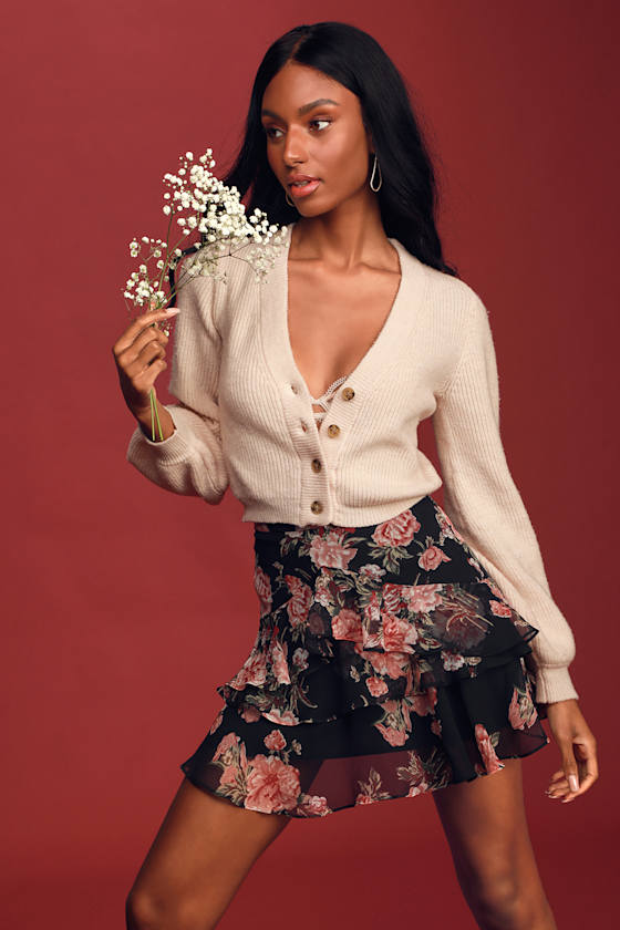 Dreamer Black Floral Print Tiered Ruffled Mini Skirt 1