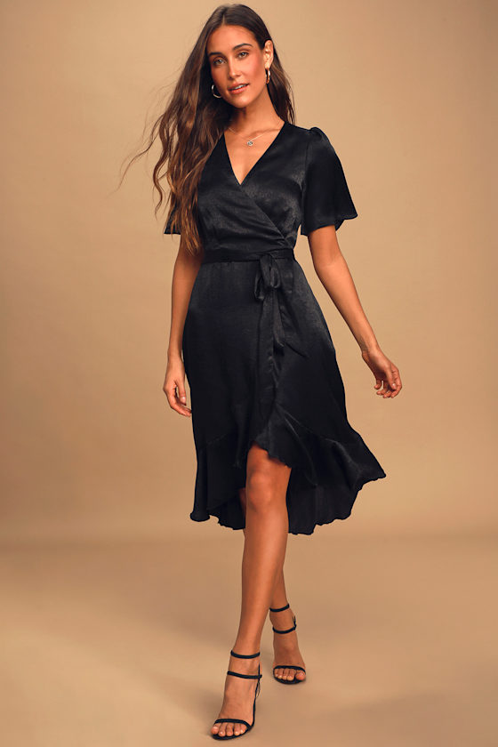 Wrapped Up In Love Black Satin Faux-Wrap Midi Dress 1
