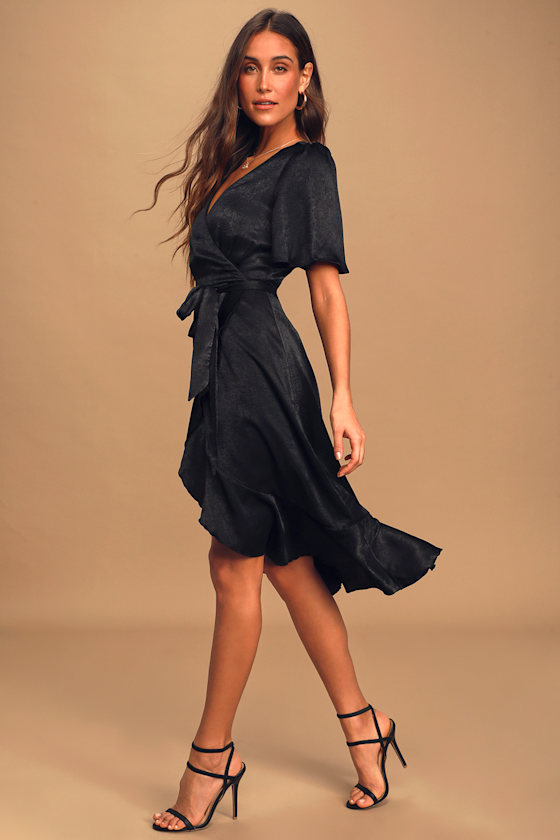 Wrapped Up In Love Black Satin Faux-Wrap Midi Dress 2