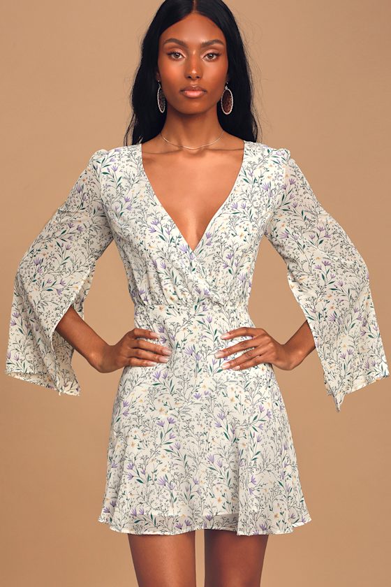 Abloom With You White Floral Print Long Sleeve Mini Dress 3