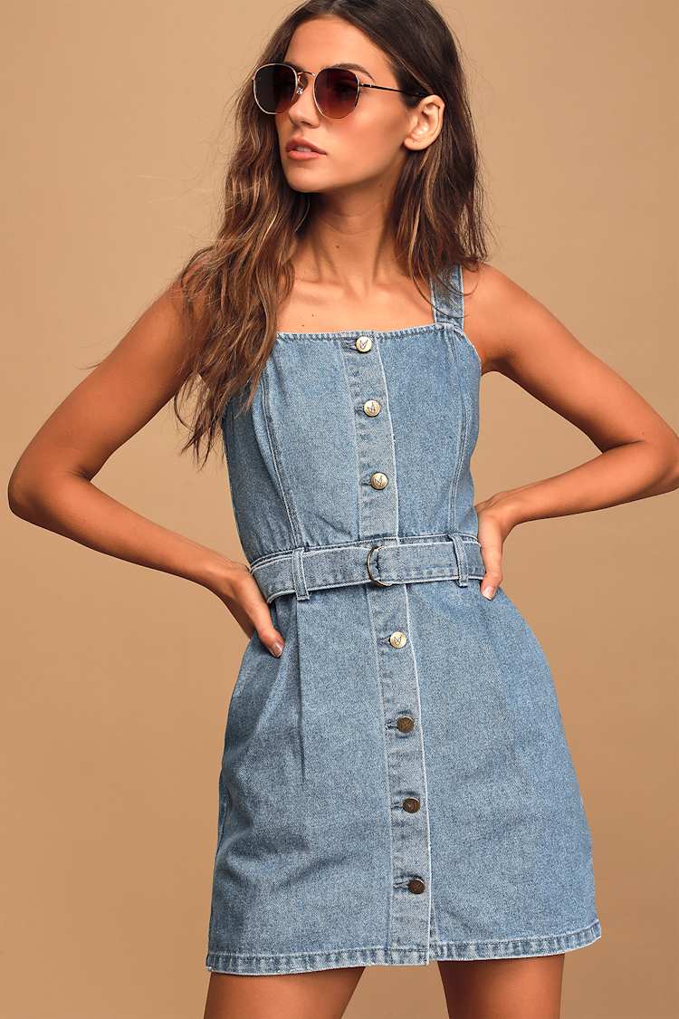 Andy Medium Wash Denim Button-Front Belted Mini Dress
