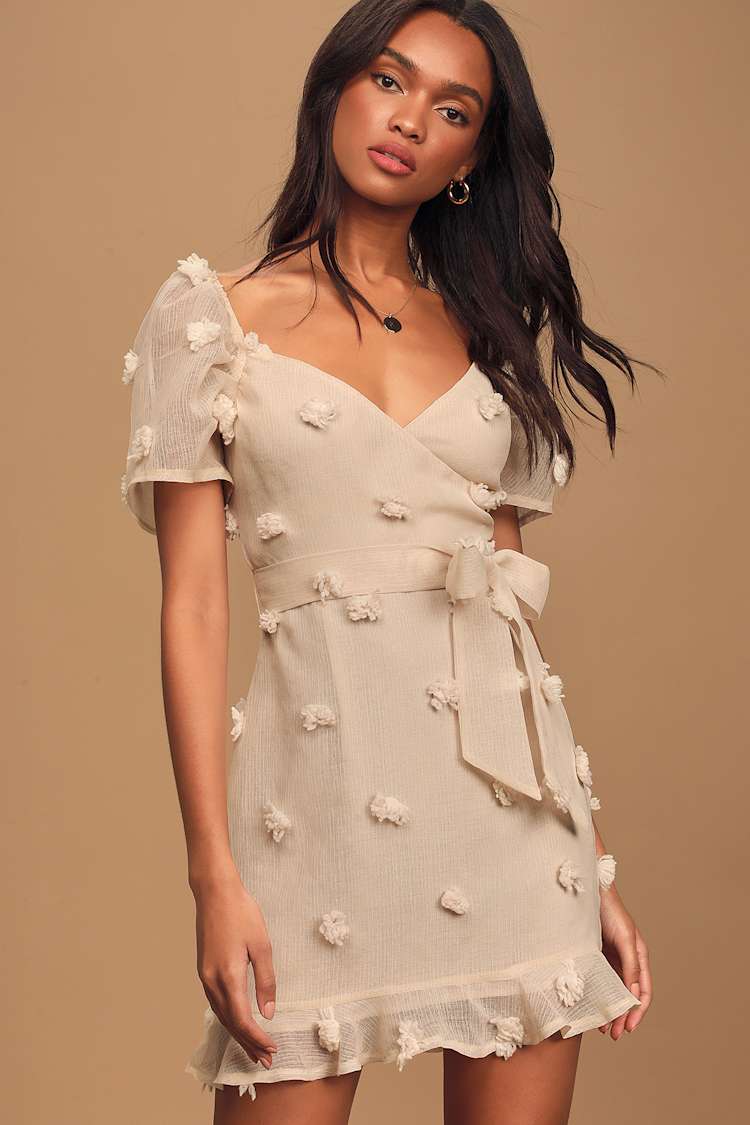Cute Beige Dress - Pom Pom Dress - Puff Sleeve Dress - Mini Dress  
