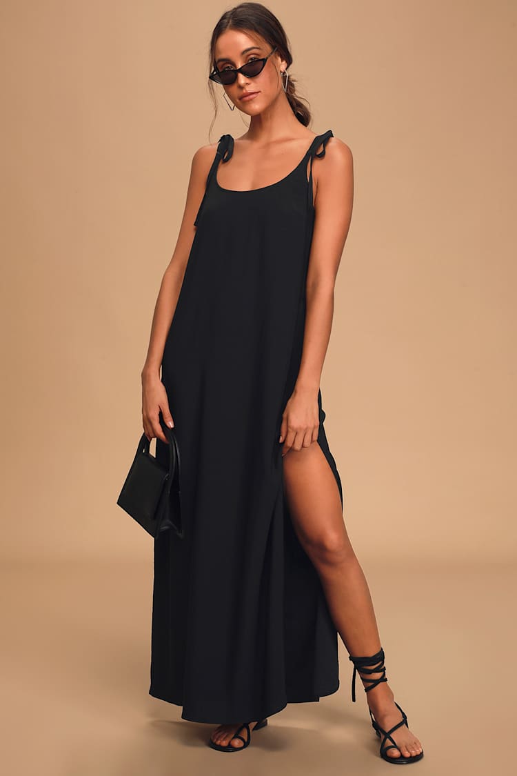 Salt Water Breeze Black Tie-Strap Maxi Dress