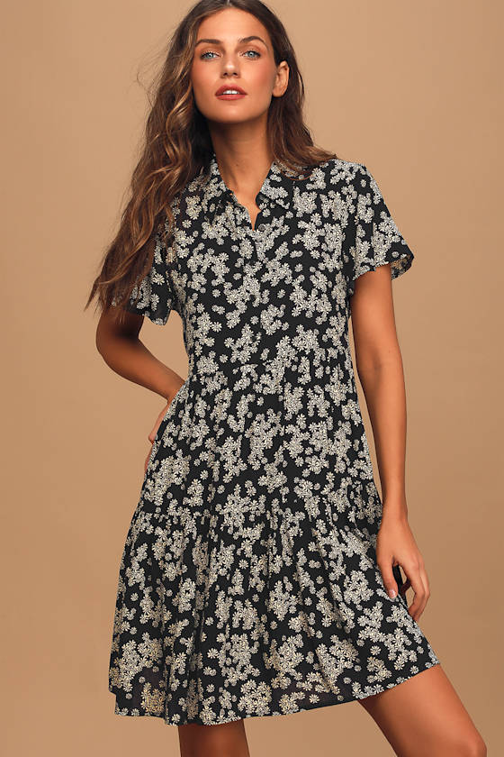 Cute Black Floral Print Dress Babydoll Dress Tiered Mini Dress Lulus