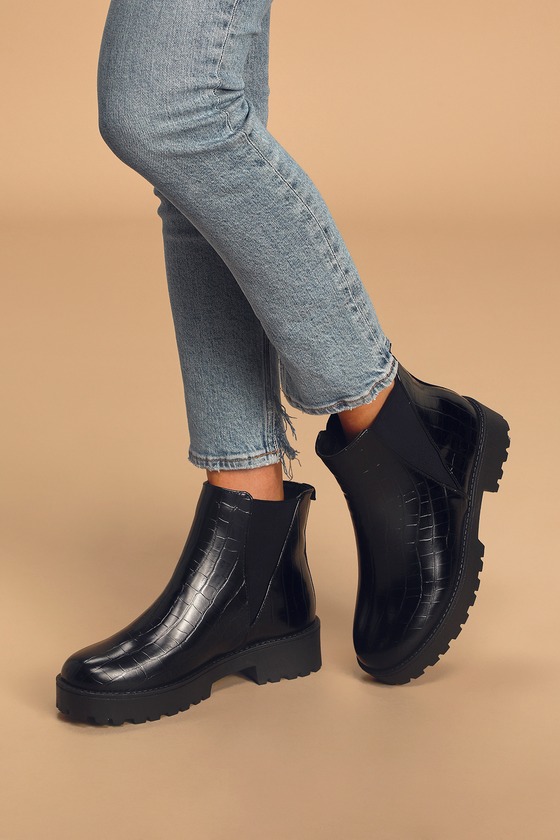 Black Boots - Crocodile-Embossed Boots - Ankle Boots - Lulus