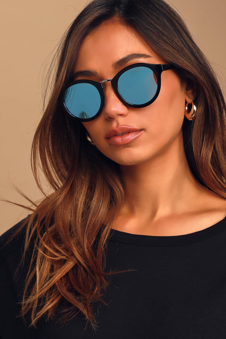 Cute Black Sunglasses - Mirrored Sunnies - Blue Mirrored Lens - Lulus